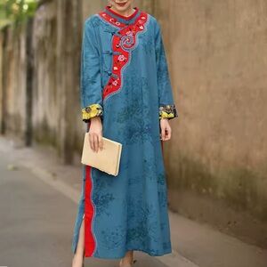 Luan Zai Jiang Nan Embroidery Asian Mandarin Collar Side Slit Loose Long Dress